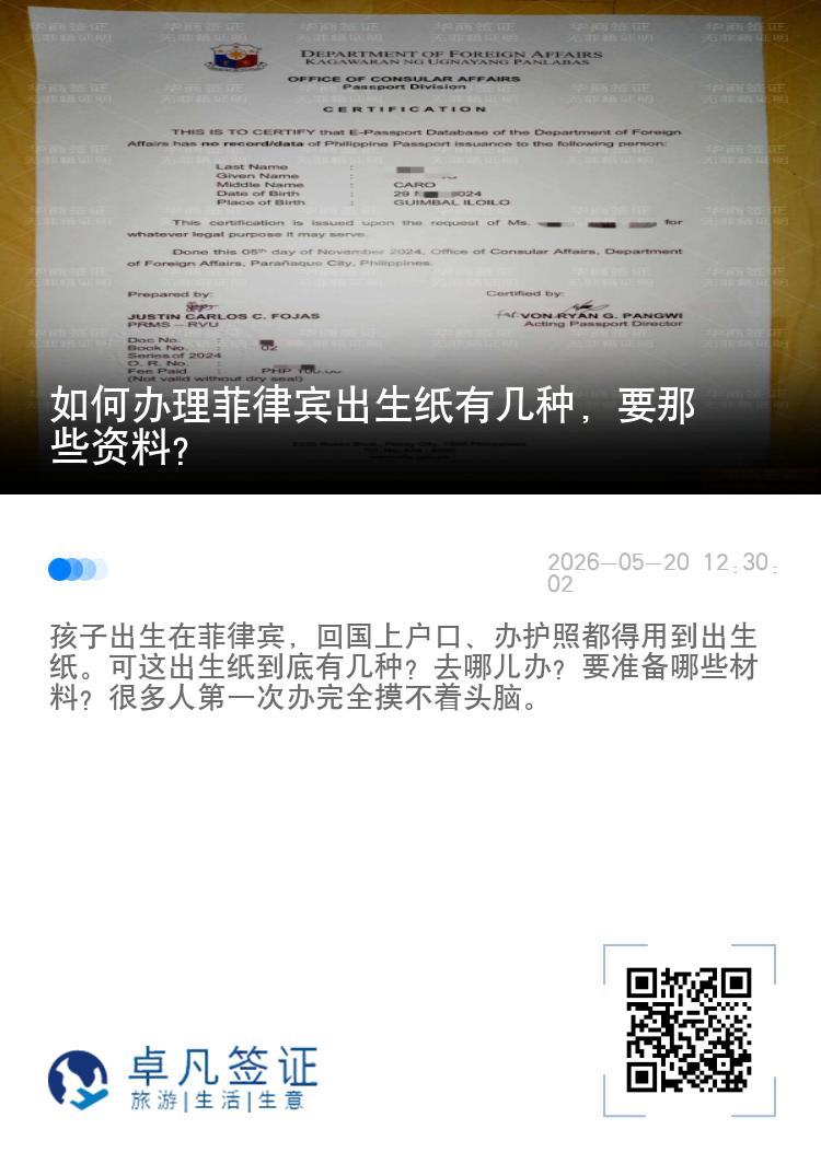 如何办理菲律宾出生纸有几种，要那些资料？